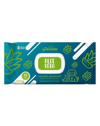 Record Salviette Aloe Vera - uniwersalne chusteczki do czyszczenia sierści, oczu, uszu psa i kota, z aloesem - 40szt.