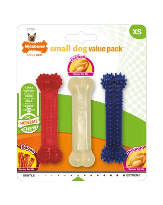 Nylabone Moderate Small Dog Value Pack XS - zestaw gryzaków dla małego psa, o smaku bekonu i kurczaka