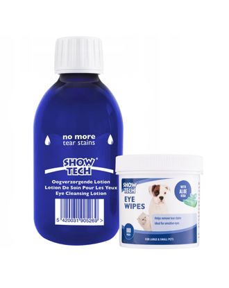 Show Tech No More Tear Stains 250ml + Show Tech Eye Wipes 100szt. - zestaw do pielęgnacji oraz usuwania przebarwień pod oczami