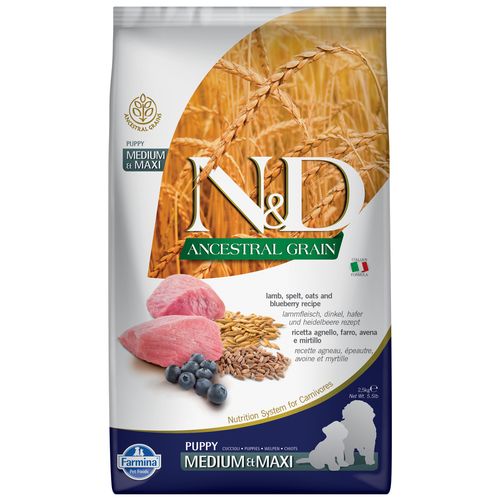 Farmina N&D Ancestral Grain Lamb & Blueberry Puppy Medium & Maxi 2,5kg - pełnowartościowa karma dla szczeniąt średnich i dużych ras, z prazbożami, jagnięciną i borówkami