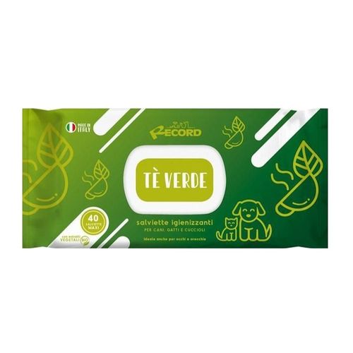 Record Salviette Te Verde 40szt. - uniwersalne chusteczki do czyszczenia sierści, oczu, uszu psa i kota, o zapachu zielonej herbaty