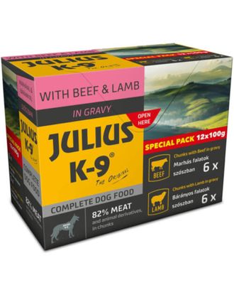 Julius-K9 Special Pack Lamb & Beef 12x100g - pełnoporcjowa mokra karma dla psa, 6xjagnięcina i 6xwołowina