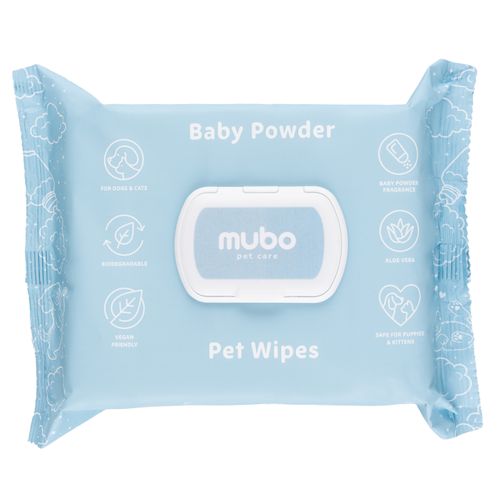 Mubo Baby Powder Pet Wipes 100szt. - delikatne chusteczki z aloesem dla psa i kota, o zapachu dziecięcego pudru 15x30cm