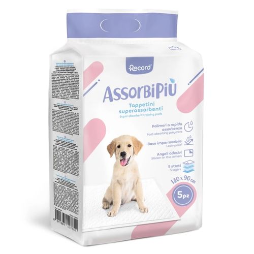 Record AssorbiPiu Puppy Pads 120x90cm - podkłady dla szczeniaka do nauki czystości, z plastrami mocującymi, 5 szt.