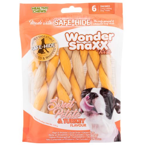 Wonder Snaxx Twists 6szt. - przysmak dla psa, gryzak z wołowej skóry, bataty i indyk