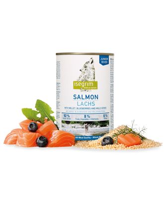 Isegrim Junior Salmon & Millet - mokra karma dla szczeniąt z łososiem, kaszą jaglaną i borówkami, 400g
