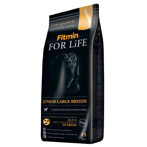 Fitmin For Life Junior Large Breeds 15kg - kompletna, pełnowartościowa karma dla szczeniąt dużych i olbrzymich ras, z drobiem, wieprzowiną i wołowiną
