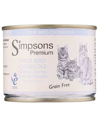 Simpsons Premium Cat Four Bird Casserole 200g - bezzbożowa mokra karma dla kota, kurczak, indyk, kaczka i gęś