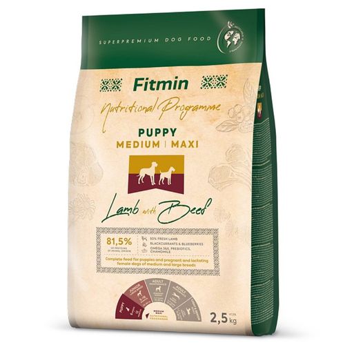 Fitmin Puppy Medium / Maxi Puppy Lamb & Beef 2,5kg - karma dla szczeniąt oraz suk ciężarnych i karmiących, dla średnich i dużych ras, jagnięcina z wołowiną