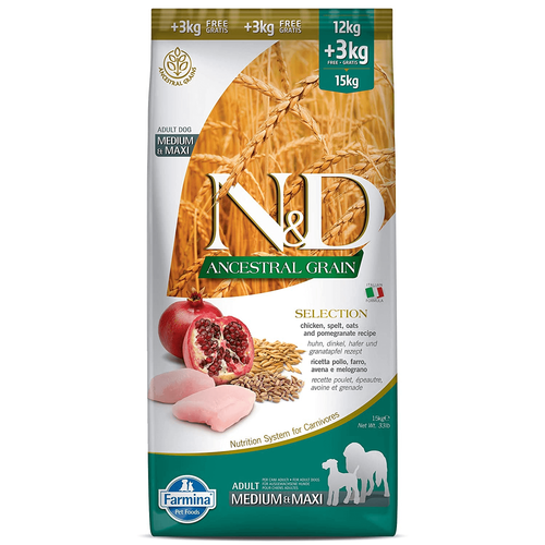 Farmina N&D Ancestral Grain Chicken & Pomegrante Medium & Maxi 15kg - karma dla dorosłych psów małych ras, z prazbożami, kurczakiem i granatem