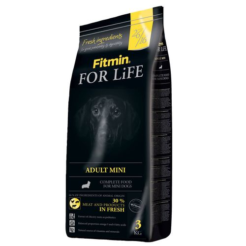 Fitmin For Life Adult Mini 3kg - kompletna, pełnowartościowa karma dla dorosłych psów  małych ras, z drobiem, wieprzowiną i wołowiną