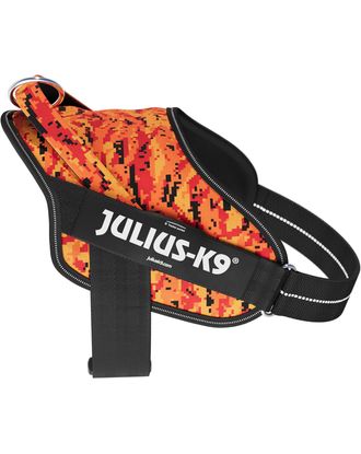 Julius-K9 Power & More Harness Pixeljuice - szelki dla psa z adaptacyjnym pierścieniem do smyczy, pomarańczowe piksele