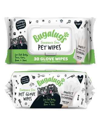Bugalugs Pet Glove Wipes Fragrance Free 30szt. - nawilżane rękawiczki do mycia psa i kota, bezzapachowe
