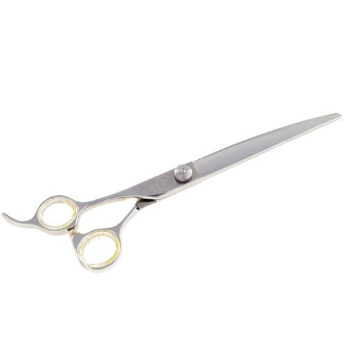 Profesjonalne nożyczki groomerskie, gięte marki P&W Scissors (by Nick Kontos) model Alfa Omega. Przeznaczone dla osób leworęcznych. Idealne do strzyżenia na okrągło np. pyszczka, łap czy ogona.