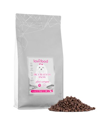 Lovi Food Łosoś z pstrągiem - karma bezzbożowa dla białych psów małych ras, z batatami i szparagami - 4kg
