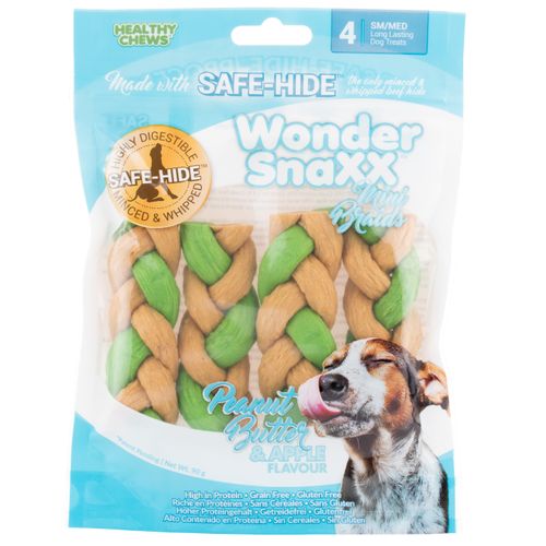 Wonder Snaxx Braids Medium 4szt. - przysmak dla psa, gryzak z wołowej skóry, masło orzechowe i jabłko