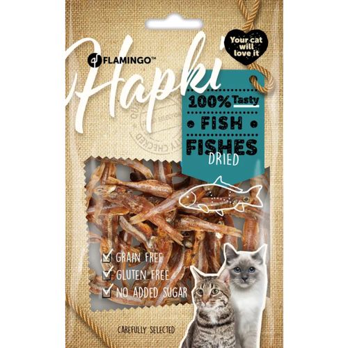 Flamingo Hapki Dried Fish to aromatyczne, suszone rybki dla kota. Podaruj swojemu pupilowi pyszne i aromatyczne przysmaki, które pokocha i nie będzie potrafił się od nich oderwać. Smaczki dla kotów od 3 miesiąca życia.