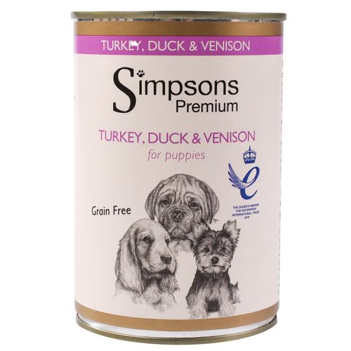 Simpsons Premium Puppy Turkey, Duck & Venision Casserole - mokra karma dla szczeniąt, z indykiem, kaczką, dziczyzną i warzywami, bez zbóż