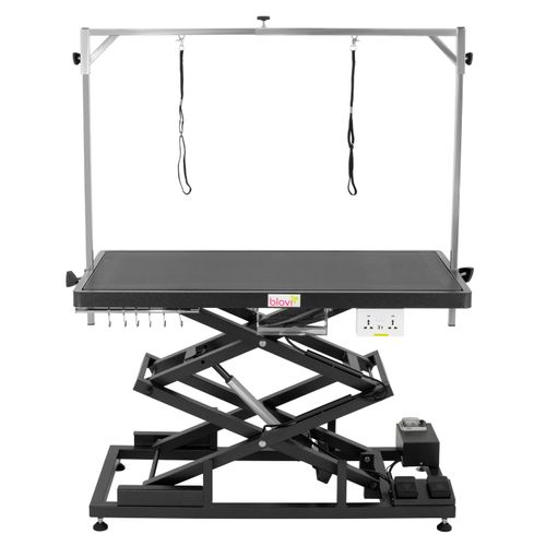 Blovi Upper Pro Black - stół z podnośnikiem i gniazdkiem elektrycznym oraz półką na akcesoria, czarny, blat 125x65cm