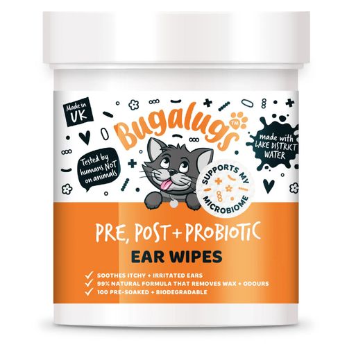 Bugalugs Pre, Post + Probiotic Ear Wipes for Cats 100szt. - probiotyczne waciki do czyszczenia uszu kota