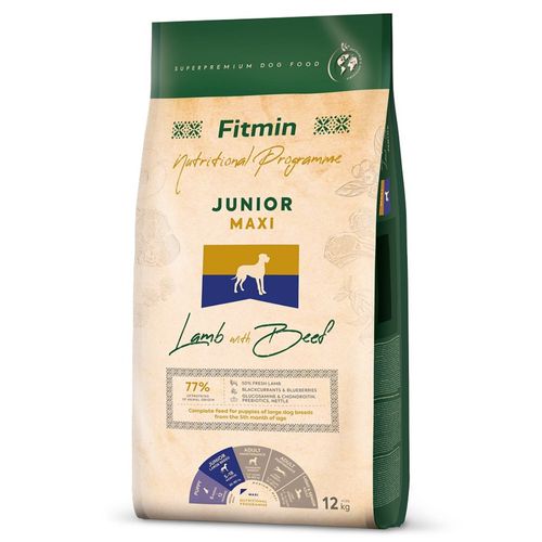 Fitmin Junior Maxi Lamb & Beef 12kg - pełnowartościowa karma dla szczeniąt psów ras dużych i olbrzymich, jagnięcina z wołowiną