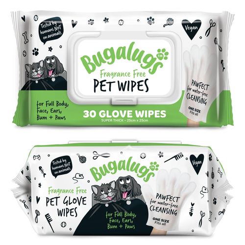 Bugalugs Pet Glove Wipes Fragrance Free 30szt. - nawilżane rękawiczki do mycia psa i kota, bezzapachowe