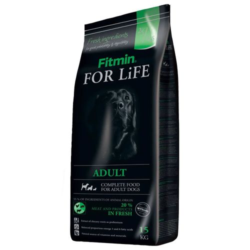 Fitmin For Life Adult 15kg - kompletna, pełnowartościowa karma dla dorosłych psów wszystkich ras, z drobiem, wieprzowiną i wołowiną