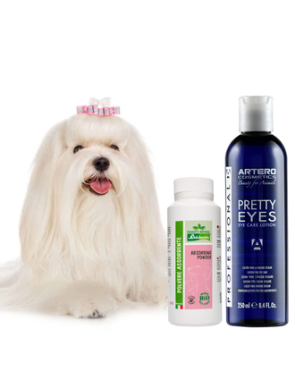 Artero Pretty Eyes 250ml + Baldecchi Absorbing Powder 90g - zestaw do walki z przebarwieniami, dla białych psów