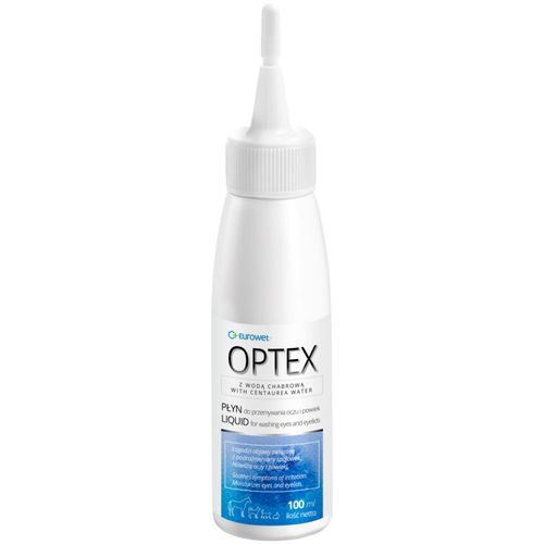 Eurowet Optex 100ml - łagodząco-nawilżający płyn do przemywania oczu i powiek dla psa i kota, z wodą chabrową 