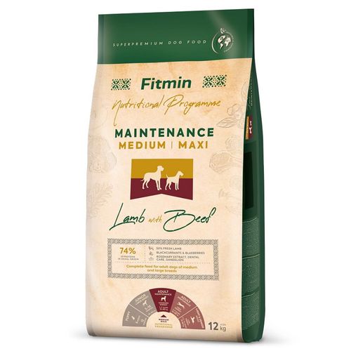 Fitmin Maintenance Medium / Maxi Lamb & Beef 12kg - pełnowartościowa karma dla dorosłych psów średnich i dużych ras, jagnięcina z wołowiną