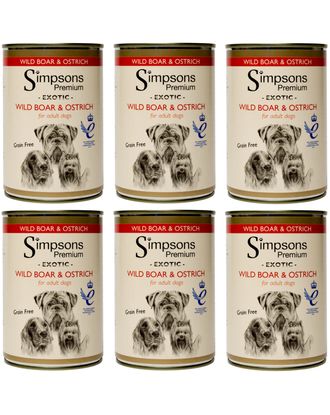 Simpsons Premium Wild Boar & Ostrich Casserole - mokra karma dla psa, z mięsem dzika, strusiem i ekologicznymi warzywami, bez zbóż - 6x 400g