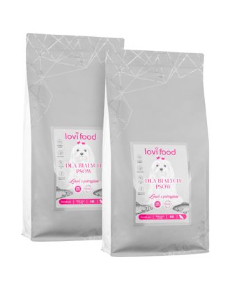 Lovi Food Łosoś z pstrągiem - karma bezzbożowa dla białych psów małych ras, z batatami i szparagami - 2x 4kg