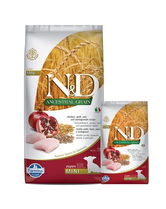 Farmina N&D Ancestral Grain Chicken & Pomegrante Puppy Mini - pełnowartościowa karma dla szczeniąt małych ras, z prazbożami, kurczakiem i granatem