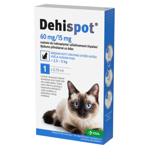 Dehispot 60mg/15mg - krople dla kota na pasożyty wewnętrzne, dla kotów o wadze 2,5-5kg