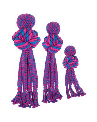 KONG Wubba Weaves with Rope Purple - piszcząca zabawka dla psa ze sznurka, z plecionymi ogonami i kulą, fioletowa