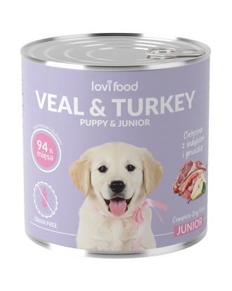 Lovi Food Junior & Puppy Veal & Turkey - mokra karma dla szczeniaka i juniora, z cielęciną, indykiem i gruszką - 24x 800g