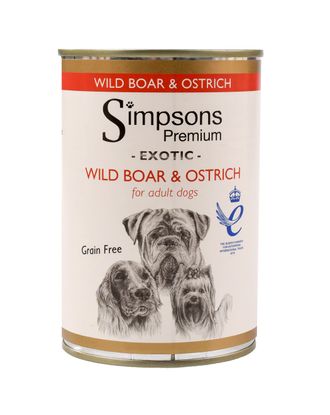 Simpsons Premium Wild Boar & Ostrich Casserole - mokra karma dla psa, z mięsem dzika, strusiem i ekologicznymi warzywami, bez zbóż