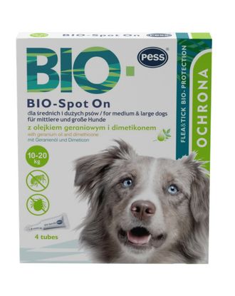 Pess Bio-Spot On 10-20kg - naturalne krople na pchły i kleszcze dla średnich i dużych psów, z olejkiem geraniowym
