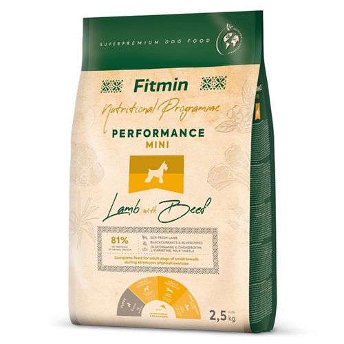 Fitmin Performance Mini Lamb & Beef 2,5kg - pełnowartościowa karma dla aktywnych dorosłych psów małych ras, jagnięcina z wołowiną