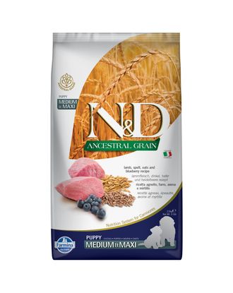 Farmina N&D Ancestral Grain Lamb & Blueberry Puppy Medium & Maxi 2,5kg - pełnowartościowa karma dla szczeniąt średnich i dużych ras, z prazbożami, jagnięciną i borówkami