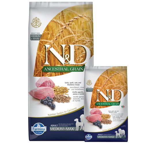 Farmina N&D Ancestral Grain Lamb & Blueberry Adult Medium & Maxi - pełnowartościowa karma dla dorosłych psów średnich i dużych ras, z prazbożami, jagnięciną i borówkami