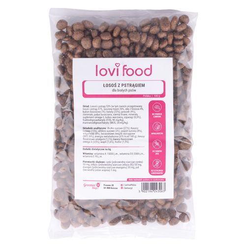 Lovi Food Łosoś z pstrągiem 100g - próbka karmy dla psa, karma bezzbożowa dla białych psów małych ras, z batatami i szparagami