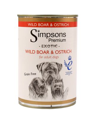 Simpsons Premium Wild Boar & Ostrich Casserole - mokra karma dla psa, z mięsem dzika, strusiem i ekologicznymi warzywami, bez zbóż - 400g