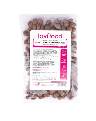 Lovi Food Łosoś z błękitkiem i plamiakiem 100g - próbka karmy dla psa, karma bezzbożowa dla szczeniąt białych ras