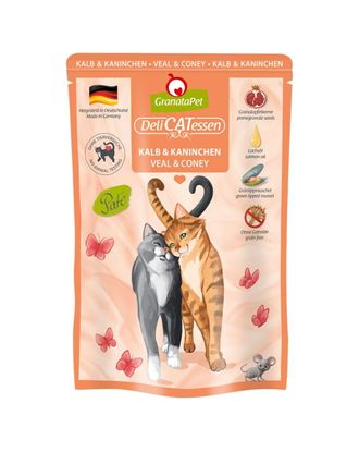 GranataPet DeliCatessen Veal & Coney - bezzbożowa mokra karma z cielęciną i królikiem, saszetki dla kota - 85g