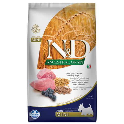 Farmina N&D Ancestral Grain Lamb & Blueberry Adult Mini 2,5kg - pełnowartościowa karma dla dorosłych psów małych ras, z prazbożami, jagnięciną i borówkami