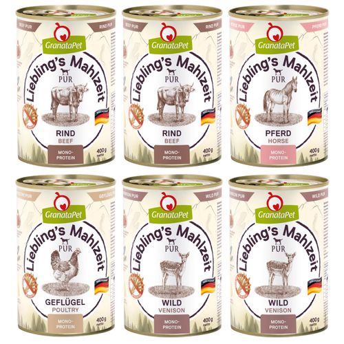 Zestaw karm GranataPet Pur 6x 400g - monoproteinowa bezzbożowa mokra karma dla psa, mix 4 smaków