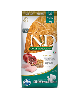 Farmina N&D Ancestral Grain Chicken & Pomegrante Medium & Maxi 15kg - karma dla dorosłych psów małych ras, z prazbożami, kurczakiem i granatem