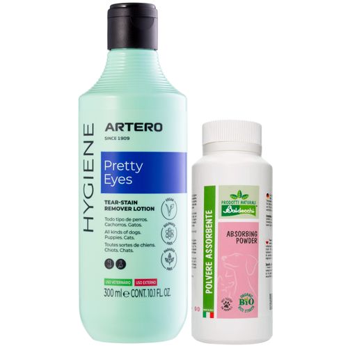 Artero Pretty Eyes 250ml + Baldecchi Absorbing Powder 90g - zestaw do walki z przebarwieniami, dla białych psów