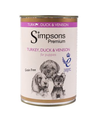 Simpsons Premium Puppy Turkey, Duck & Venision Casserole - mokra karma dla szczeniąt, z indykiem, kaczką, dziczyzną i warzywami, bez zbóż